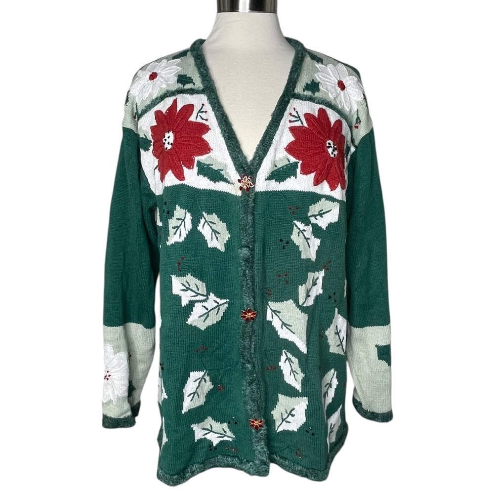 Storybook Knits 1X Christmas poinsettia cardigan sweater green